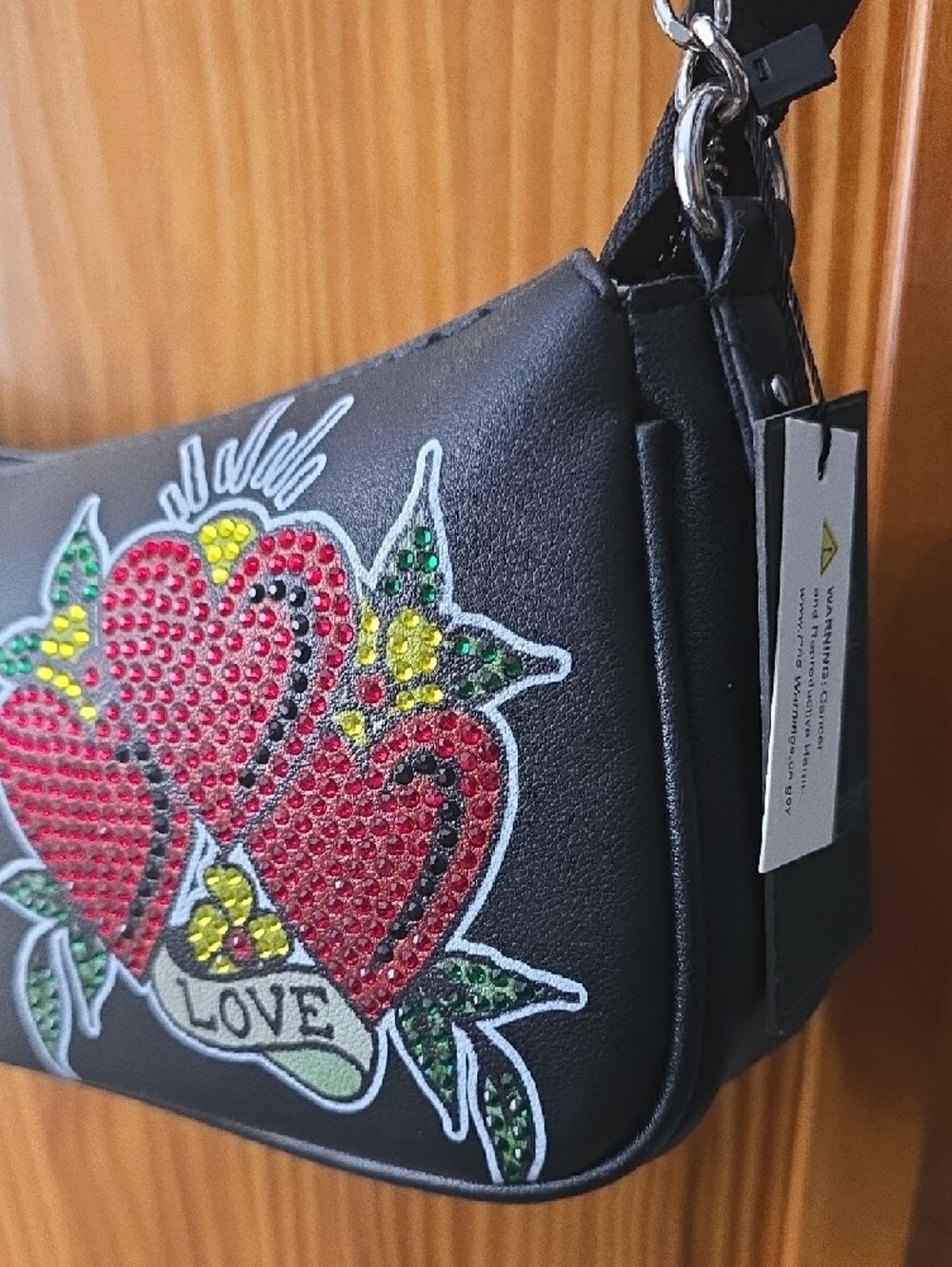 Ed Hardy Black Shoulder Bag with Sequin Design - Picture 2 of 8
